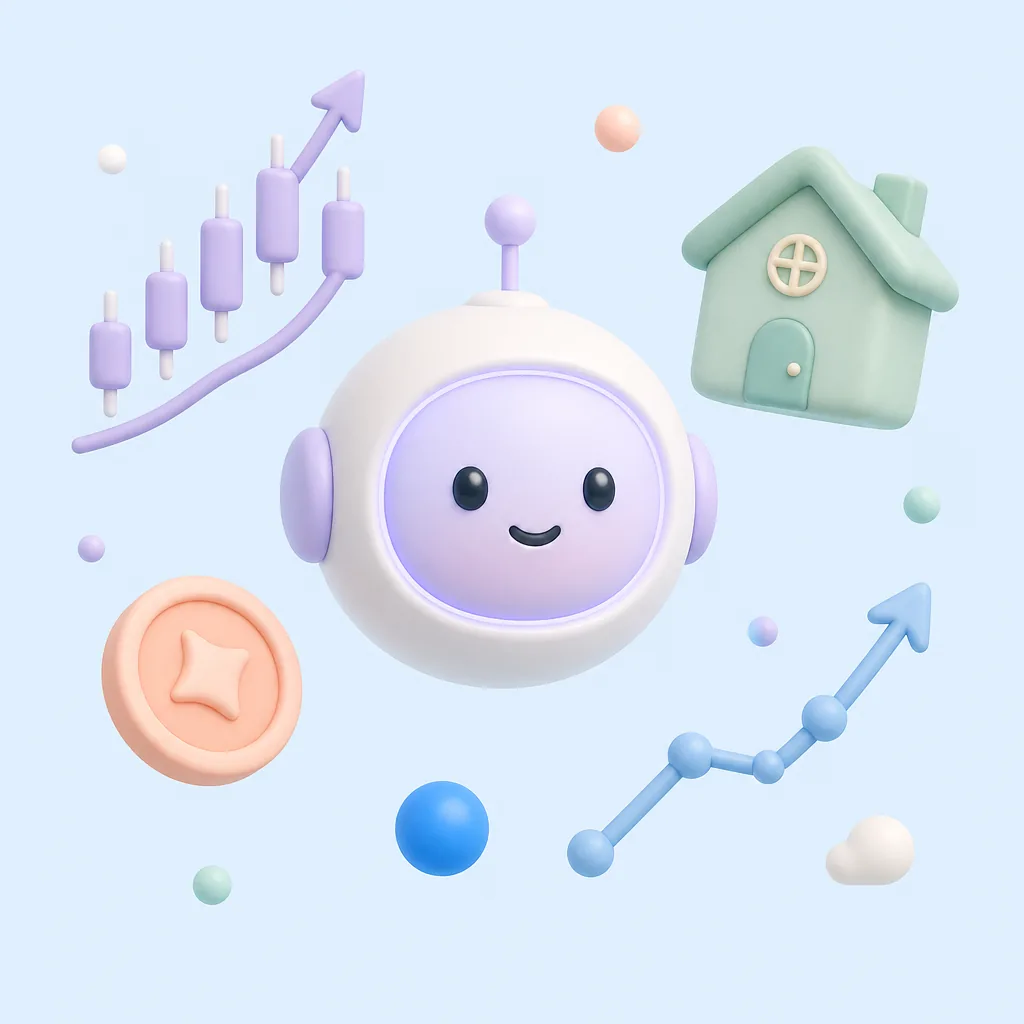 Ilustración del asistente de inversión con IA rodeado de gráficos, monedas y una casa